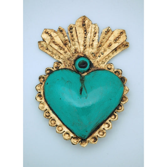 Mexican tin sacred heart, turquoise, milagro heart wall hanging