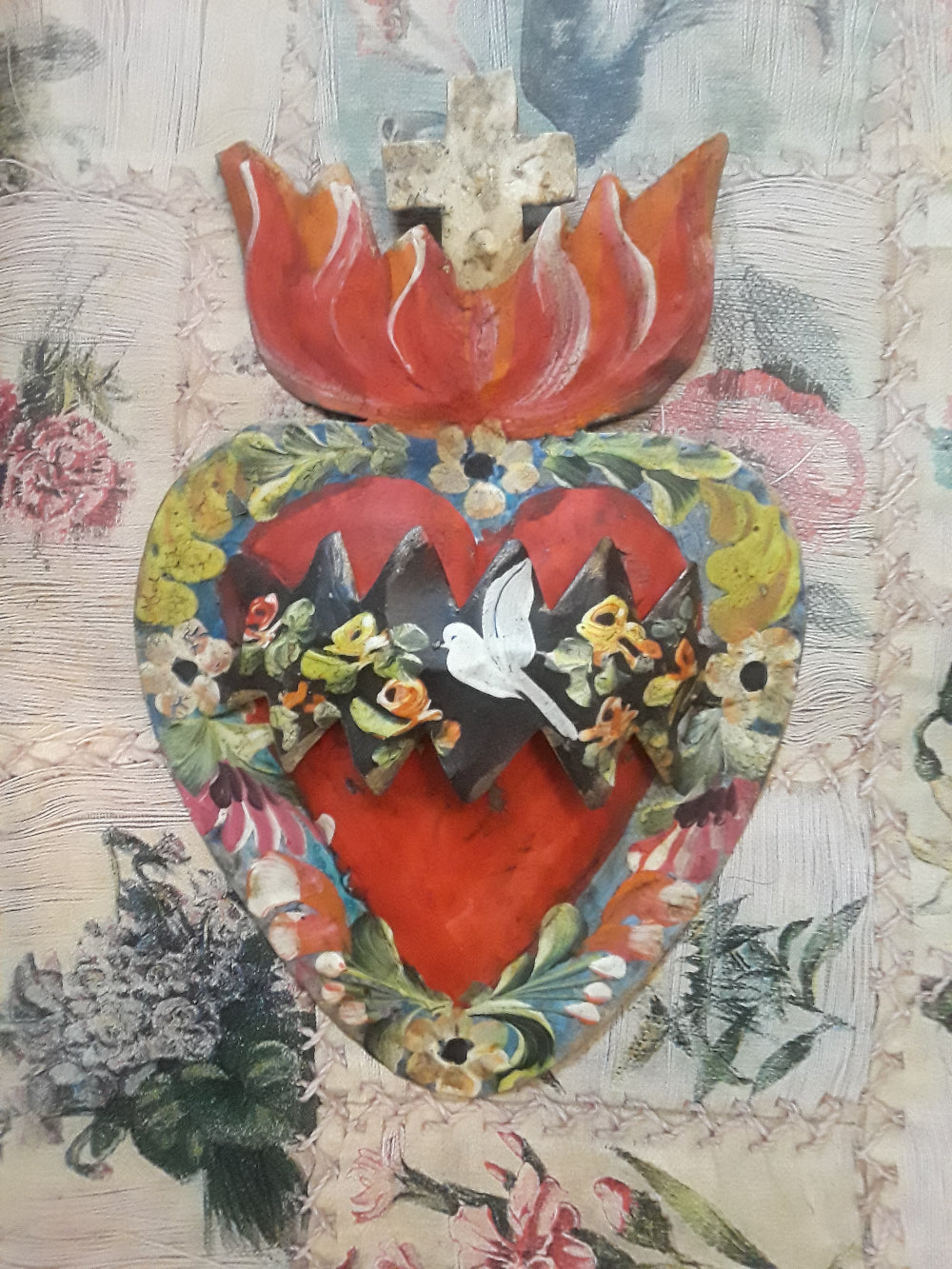 Mexican tin hand painted sacred heart wall hanging, paloma dove