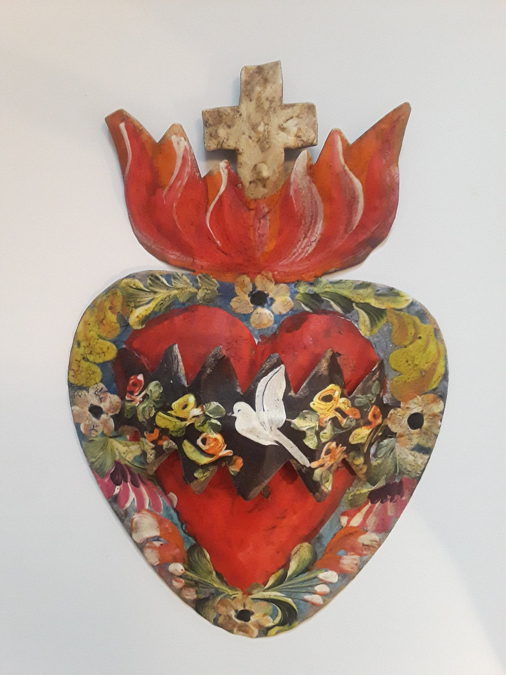 Mexican tin hand painted sacred heart wall hanging, paloma dove