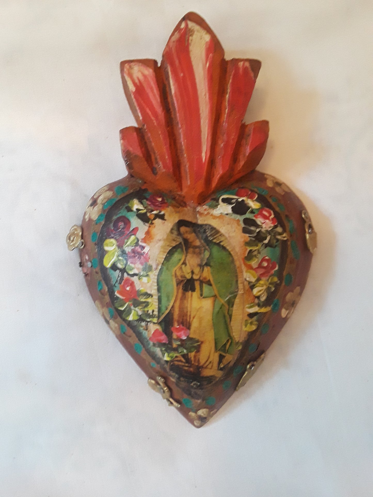 Our Lady of Guadeloupe Mexican wood hand painted sacred heart milagros