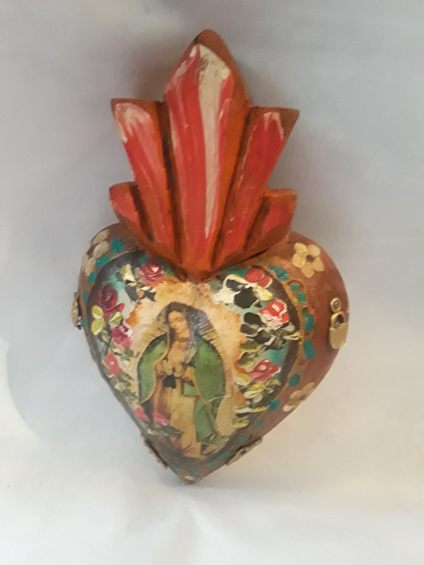 Our Lady of Guadeloupe Mexican wood hand painted sacred heart milagros