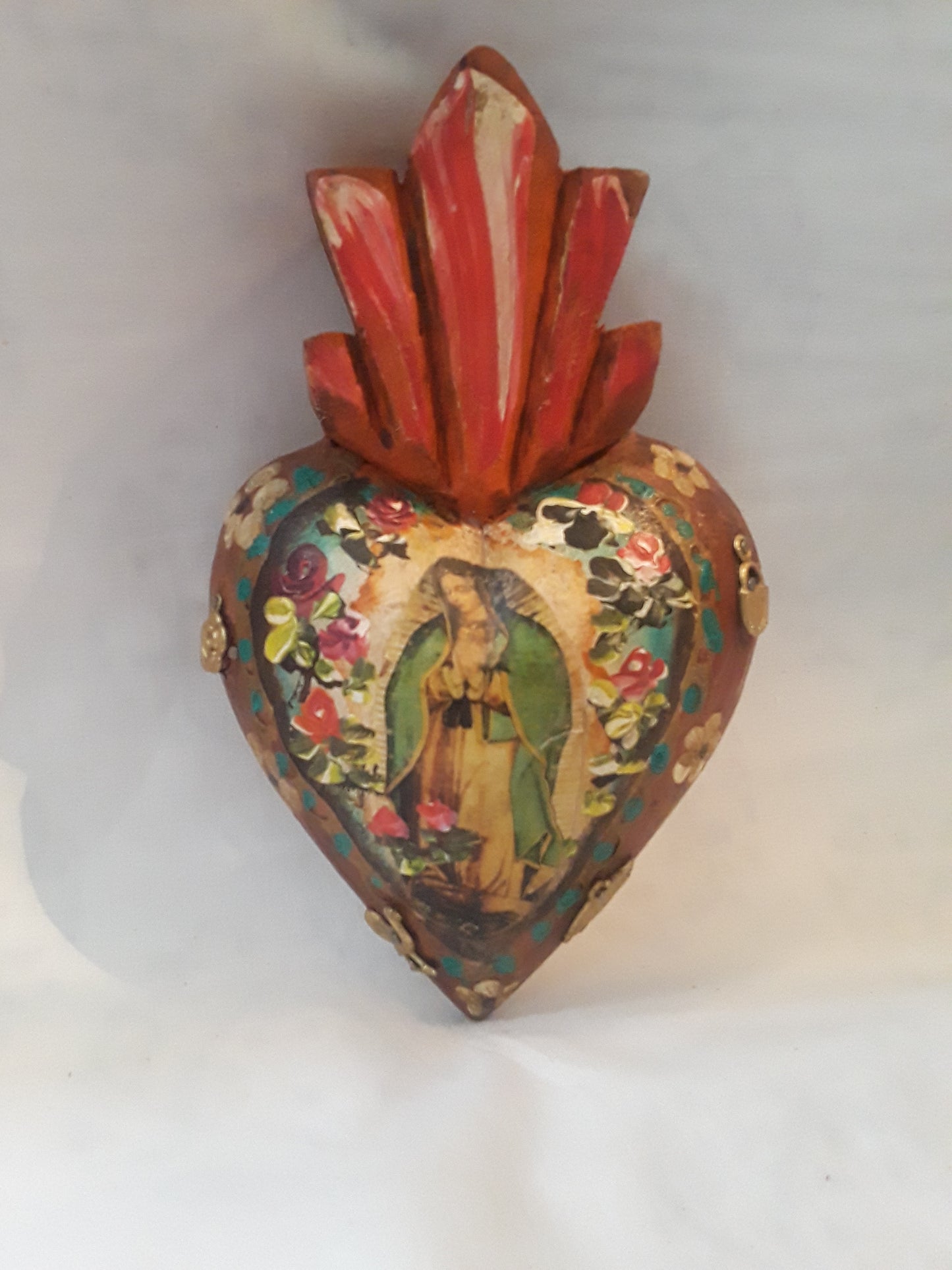 Our Lady of Guadeloupe Mexican wood hand painted sacred heart milagros