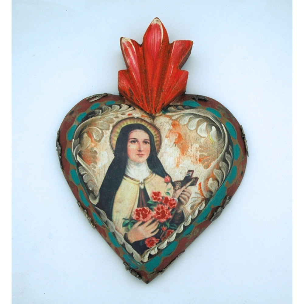 Mexican painted wood heart,  St. Teresa, Sacred heart, Milagro